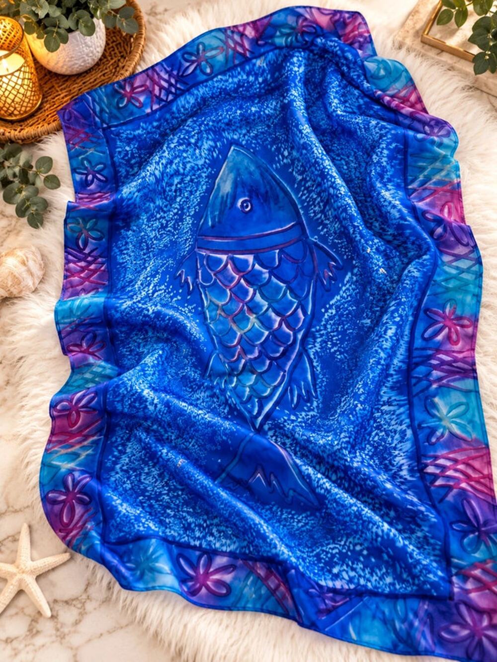 D & LP Handmade in India Blue Purple Fish Print Oversized Scarf Wrap 70 x 43